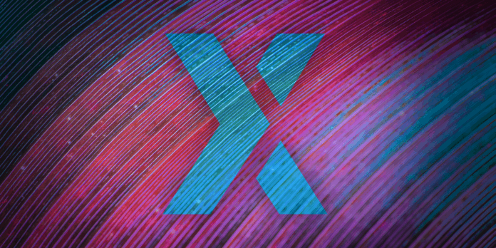 Blue X, representing the Poloniex logo, in front of a purple/blue background.