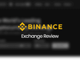 Binance Exchange Review text in front of a greyed out blurry exchange screenshot.