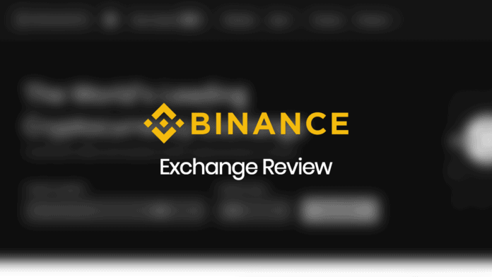 Binance Exchange Review text in front of a greyed out blurry exchange screenshot.