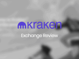 Kraken Exchange Review text in front of a greyed out blurry exchange screenshot.