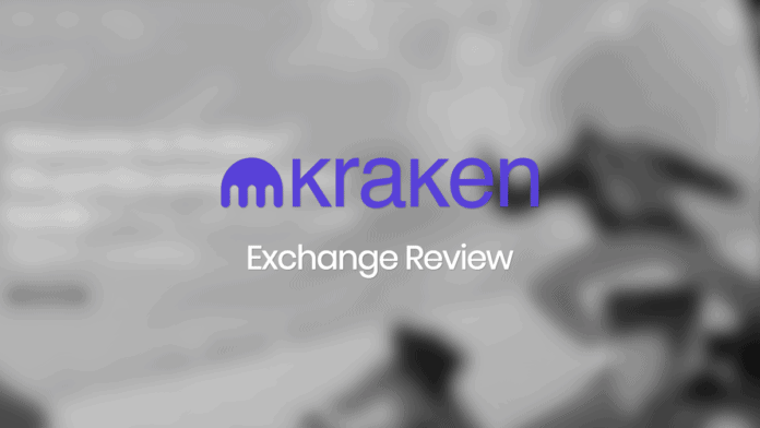 Kraken Exchange Review text in front of a greyed out blurry exchange screenshot.
